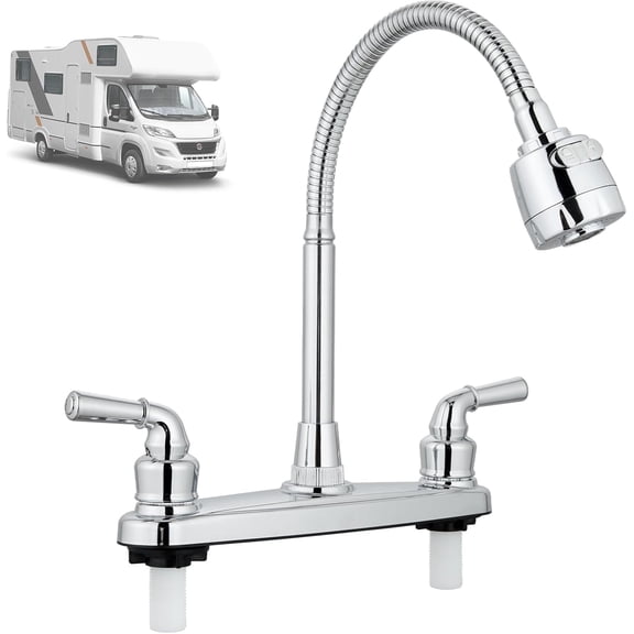 RV Kitchen Sink Faucet Deck Mounted 8 Inch Camper Faucets with 360° Swivel Spout Mixer Taps for Campers Motorhome Travel Trailer,Flexible Arc Spout,Polished Chrome