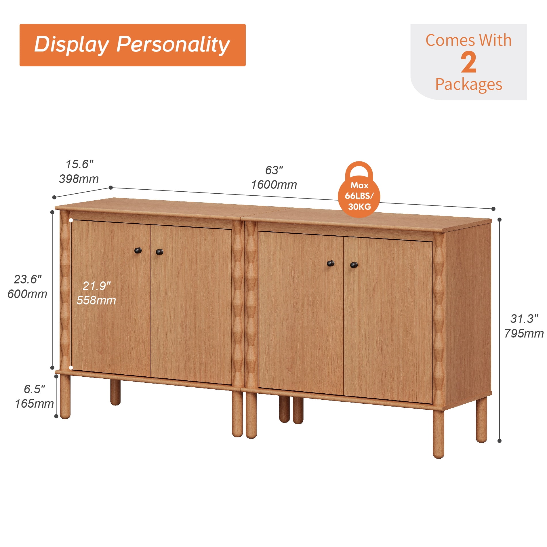WAMPAT TV Stand for 65" TV，Media Console Table with Adjustable Shelf & Soft-Close Doors，Walnut