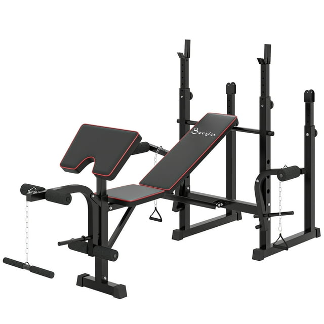 CoSoTower Banc de Musculation avec Support pour Barre, Banc de Courbure de Prédicateur, Machine de Courbure des Jambes pour l'Entraînement de Force à la Maison