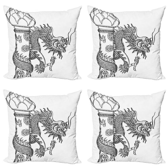 Ambesonne Dragon Throw Pillow Cover 4 Pack, Chinese Creature, 18", Black White