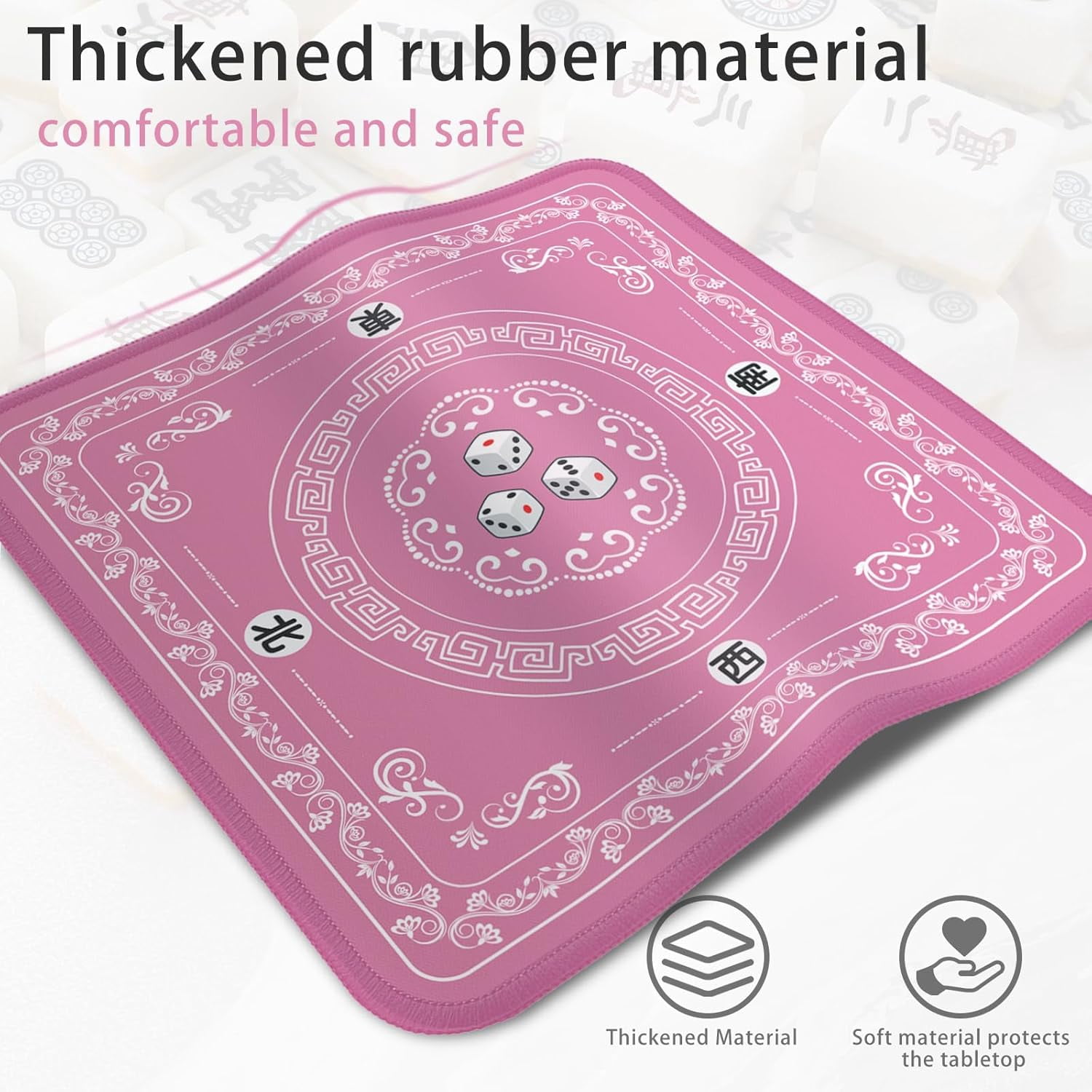 Mahjong Mat - Elegant Pink with Lace Trim | Non-Slip Rubber Gaming Mat & Noise Reducer | for Mahjong Tiles, Poker, Cards, Dominoes, Board Games | 31.5x31.5 Inch