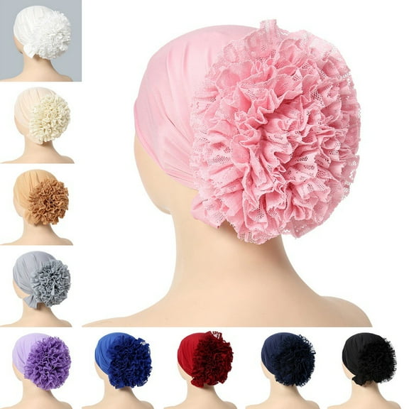 Dalrosia Women Lace Turban Hat Flower Stretchy Beanie Muslim Hijab Cap Bonnet Chemo Cap African Head Wrap