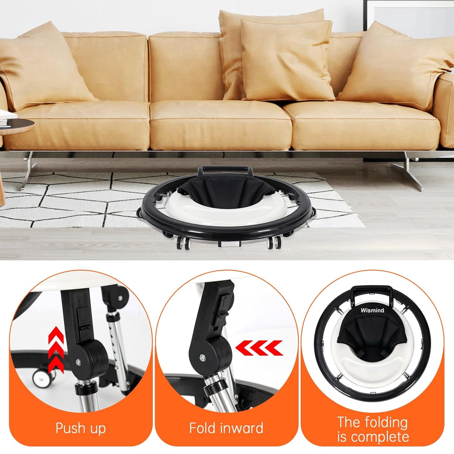Baby Walker, Portable/Foldable/9 Adjustable Heights/With Wheels/Anti-Rolling, For Babies 6-12 Months,Black