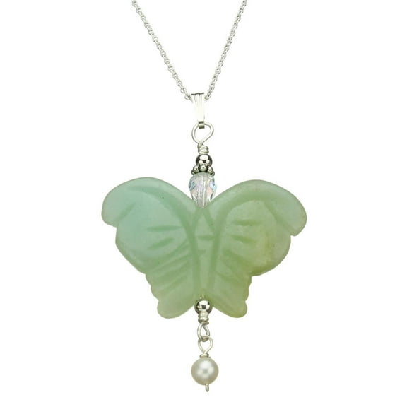 Simulated Amazonite Stone Butterfly Pendant Sterling Silver Cable Chain Necklace, 16"