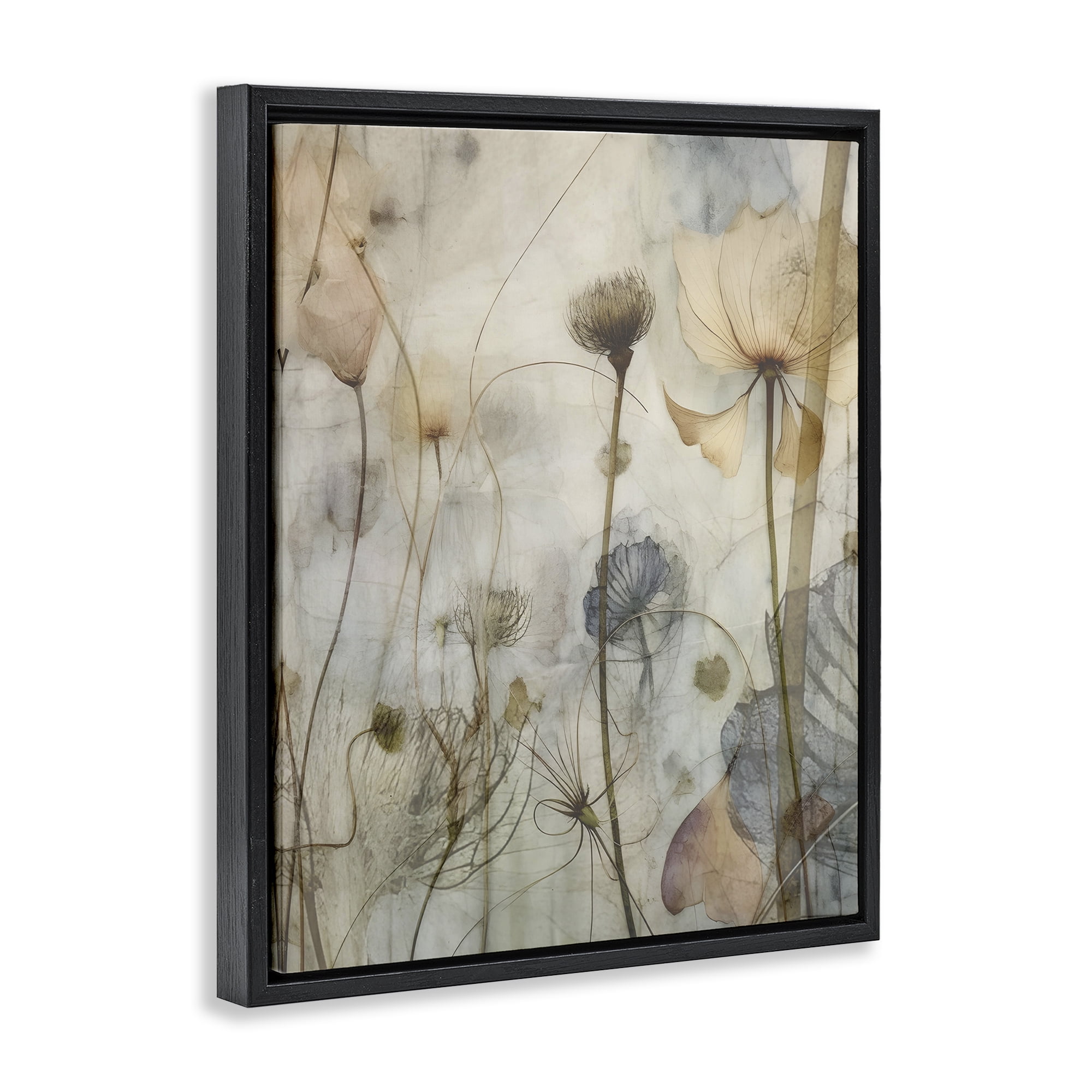 Stupell Industries Subtle Botanicals Pattern Plants & Flowers Painting Black Floater Framed Canvas Art Print Wall Art, 17 x 21