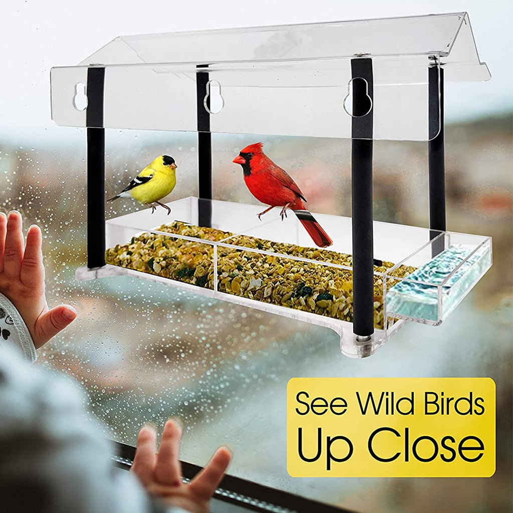 Sinyiin Window Acrylic Bird Feeder House Strong Suction Cups Clear See Through Large Bird Feeder for Outside Best Gift Idea