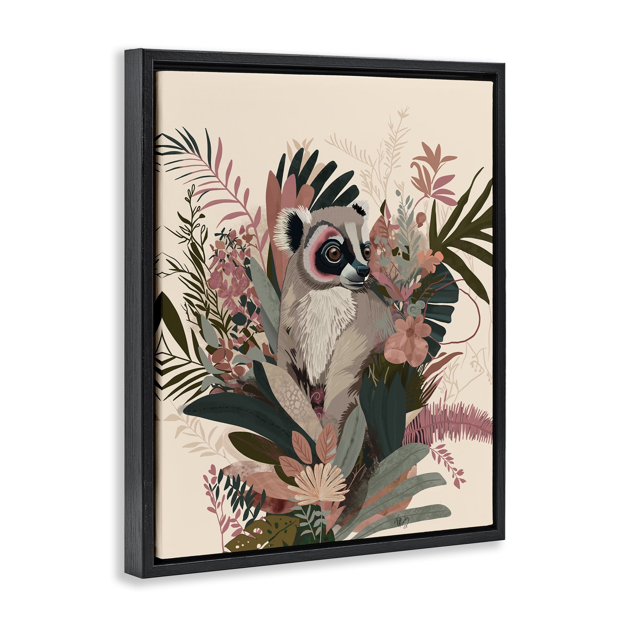 Stupell Industries Lemur with Hibiscus Plants Animals & Insects Painting Black Floater Framed Canvas Art Print Wall Art, 25 x 31