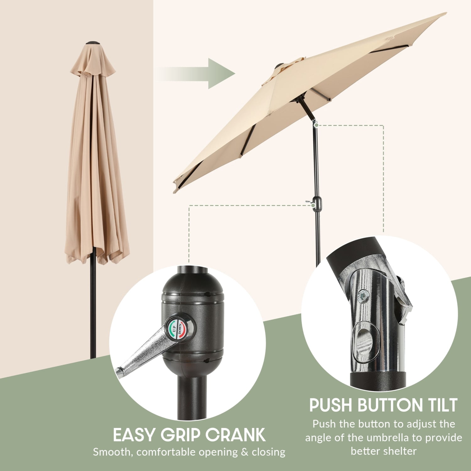 WestinTrends Paolo 9 Ft Outdoor Umbrella, Patio Shade Market Table Umbrella with Push Button Tilt and Easy Open Crank, Beige