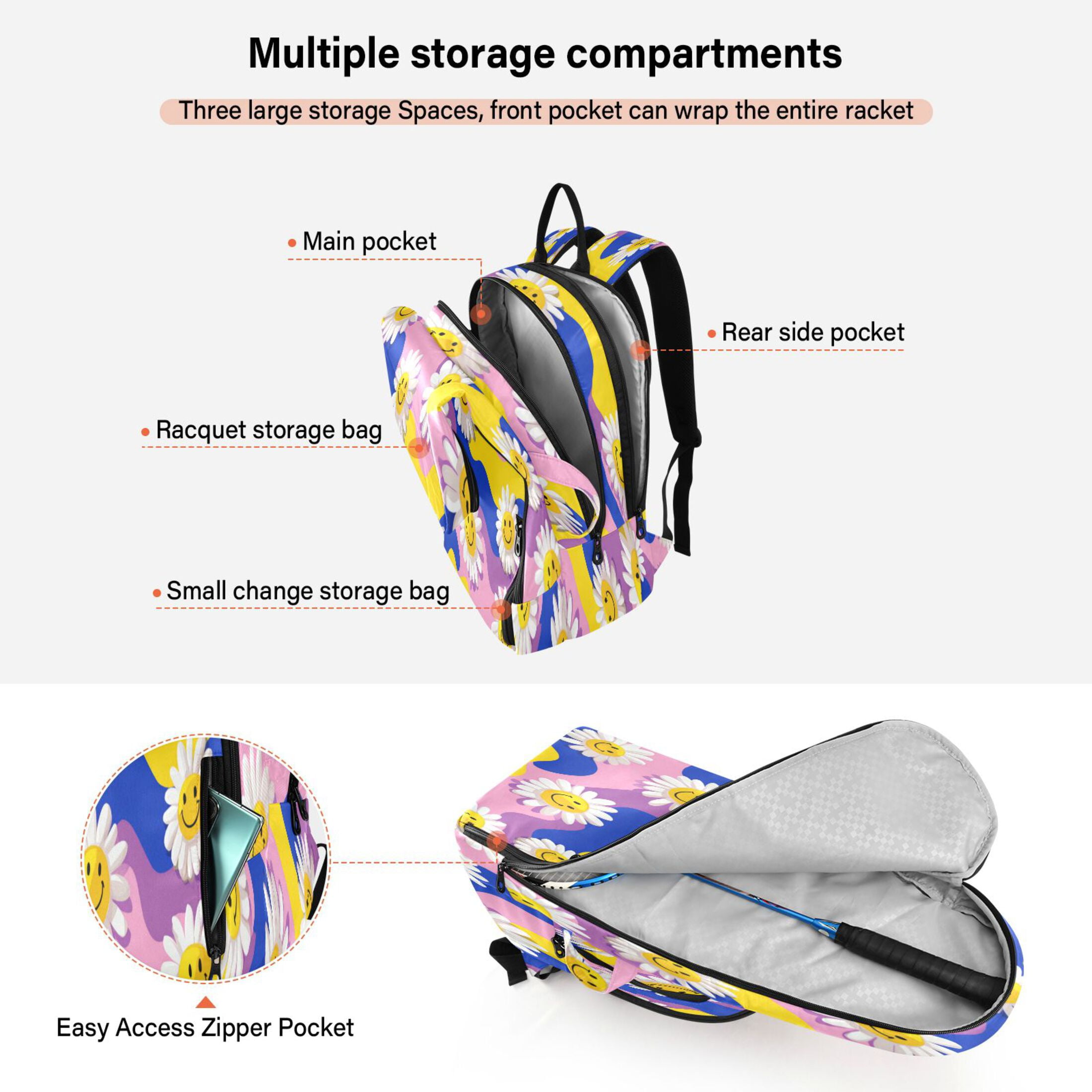 2 Racquet Holder Tennis Backpack Tennis Racket Covers Gym Bags Smiling Daisies on Assorted Backgrounds