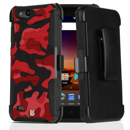 ZTE ZFive G LTE Z557BL Case - Dual Layer [Heavy Duty Protection] Rugged Kickstand Case (Red Camo) with Rotatable Belt Holster Clip and Atom Cloth for ZTE ZFive G LTE