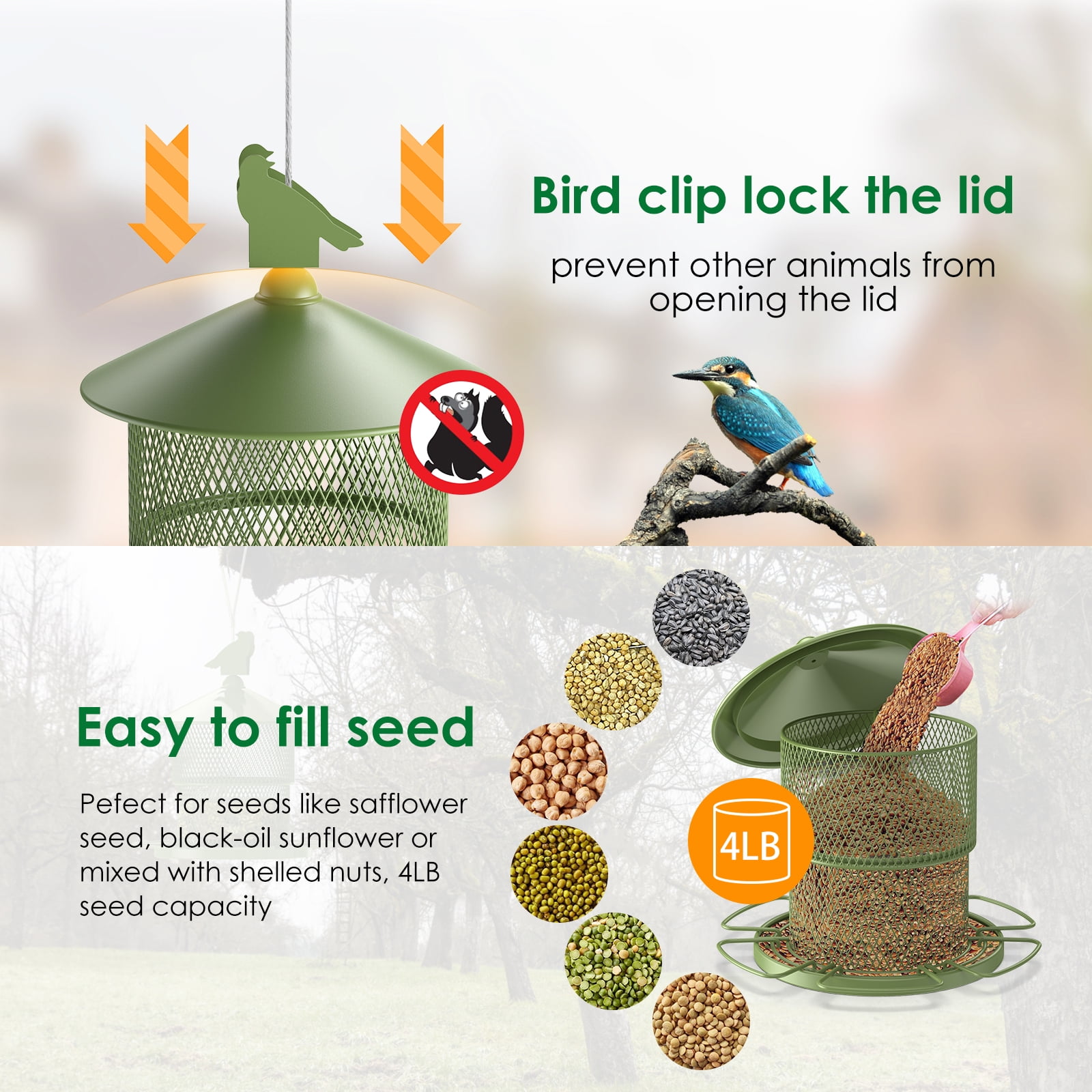 Digipettor Metal Wild Bird Feeder for Outside, Squirrel Proof Bird Feeders, Retractable 4LB Capacity Large Seed Birdfeeder for Outdoors Hanging Garden Yard, Green