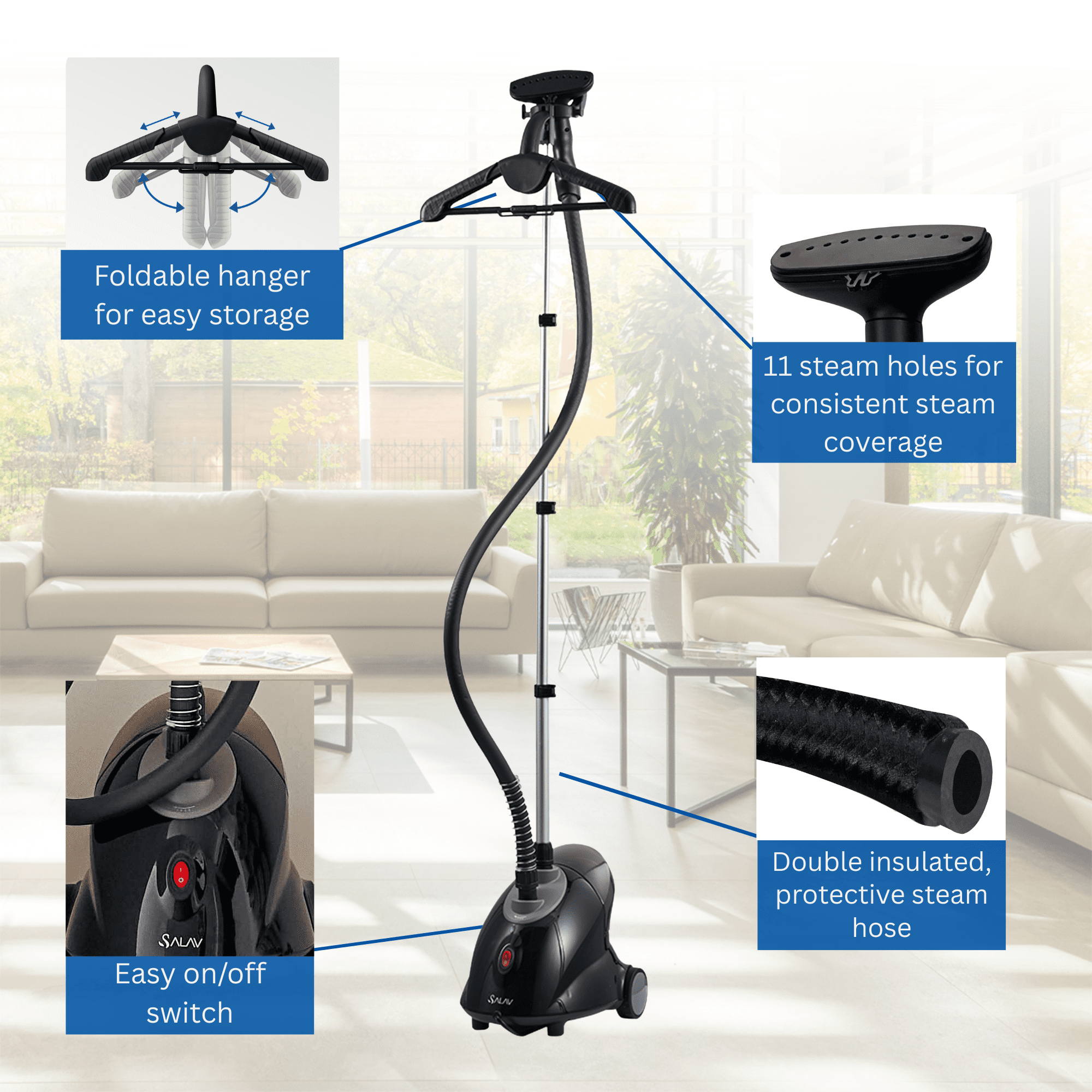 SALAV Black Continuous Steam Upright Standing Garment Steamer with Extra Large Water Tank