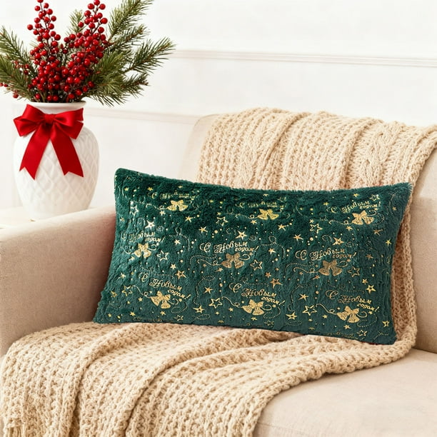 Gold Foil Christmas Pillow Cover Decorative Elk Bell Print Cushion Case for Holiday Home Decor Sofa Bedroom Living Room Festive Throw Pillowcase