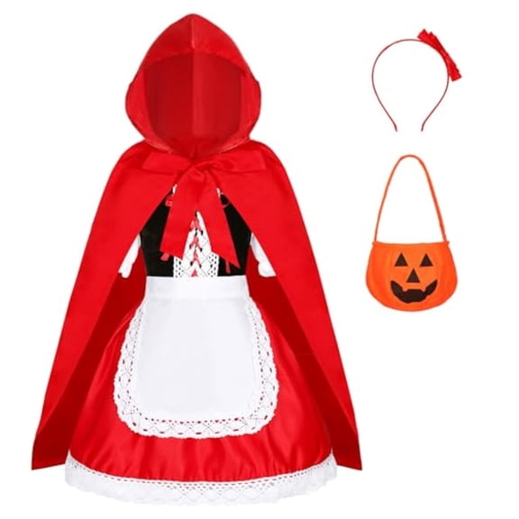 HNMKIU Cosplay Women's Halloween Cosplay Little Red Riding Hood Performance Dress Fairy Tale Character Outfit for Themed Party Stage Show Red - 4-5years