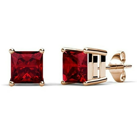14k Yellow Gold Princess 4 Carat Ruby Stud Earrings