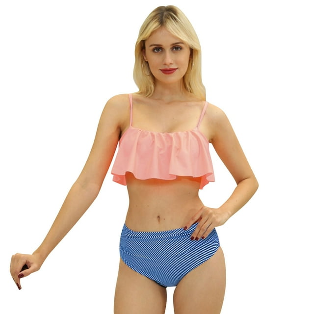 Maillot de Bain Deux Pièces Rétro à Volants Taille Haute pour Femmes