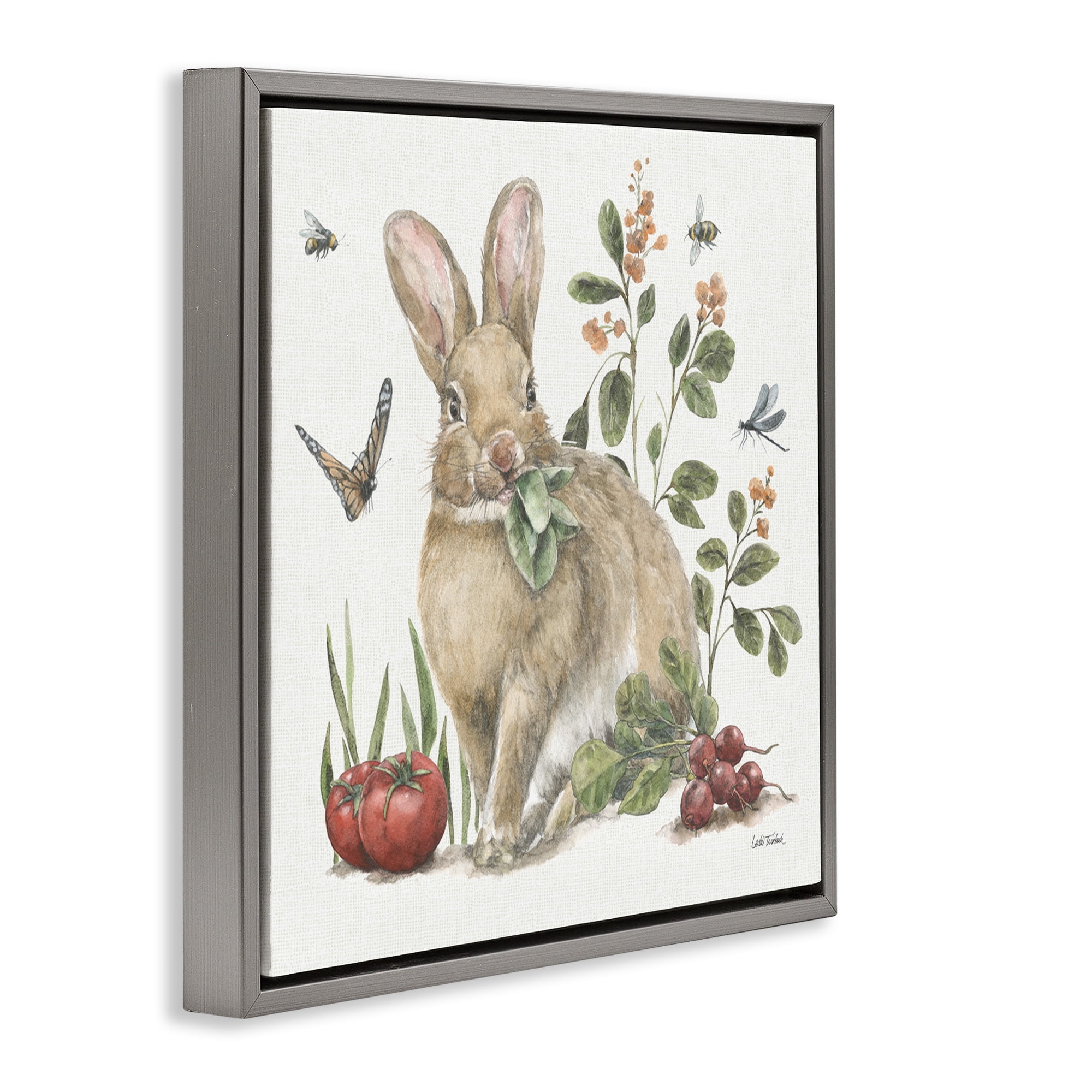 Stupell Industries Rabbit & Butterfly Garden Animals & Insects Painting Gray Floater Framed Canvas Art Print Wall Art, 25 x 25