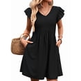 thumbnail image 4 of Women'S Summer Short Sundress Casual V Neck Ruffle Sleeve Mini Dress with Pockets Black L, 4 of 9