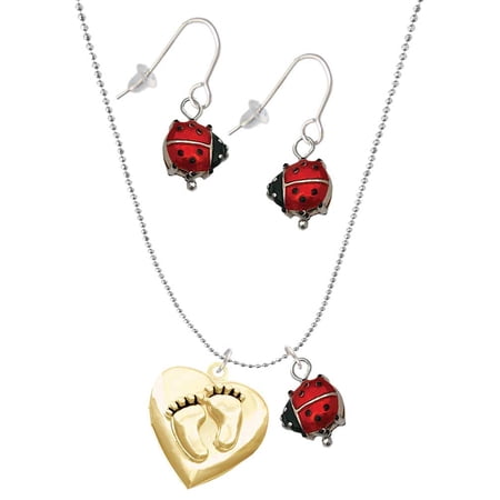 Delight Jewelry Goldtone Baby Feet Heart Locket Red Lucky Ladybug Necklace and Dangle Earrings Set