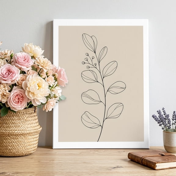Minimalist Floral Canvas Wall Art Framed Wall Decor for Living Room Bedroom Bathroom, Modern Black Leaves Line Art Botanical Beige Canvas Pictures Ready to Hang Decor, 24"x32"