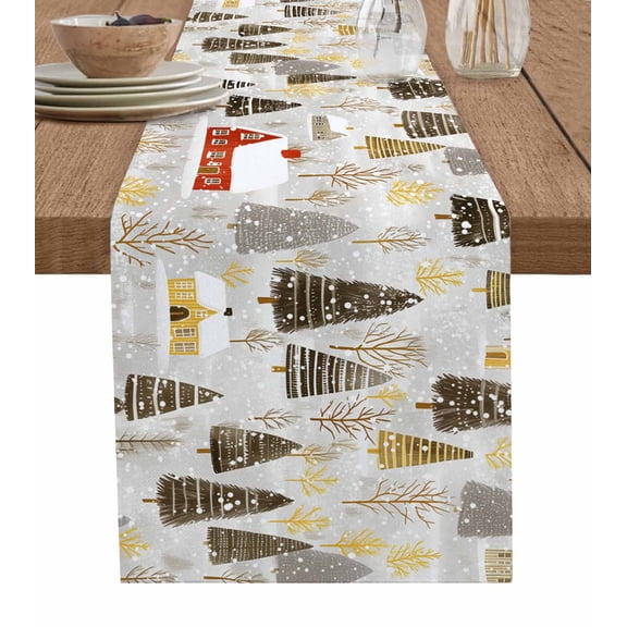 Ldtrchee Brown Christmas Table Runner 36 Inches, Watercolor Tree Xmas Snowflake Bed Runner Dresser Scarves Tabletop for Indoor Outdoor Parties/Ceremony/Banquet, 13"x 36"