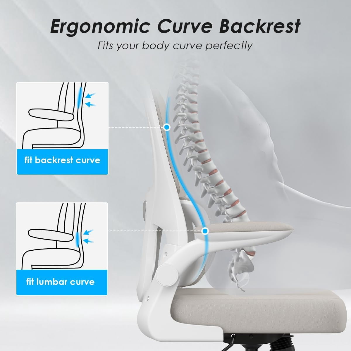 Farini Ergonomic Office Chair, Mesh Desk Chair with Lumbar Support, Comfy Computer Desk Chair with Flip Armrest Rolling Wheels for Home Study Room Office, White & Khaki