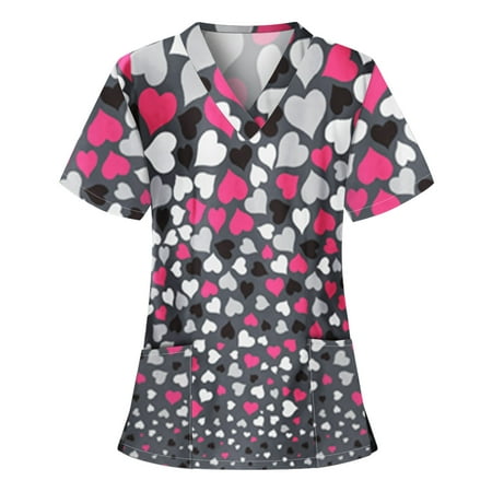 

Danhjin Womens Nursing Scrub Tops Printed Working Uniform Short Sleeve V-Neck Workwear Blouse T-shirt with Pockets Scrubs - Summer Savings Clearance