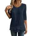 thumbnail image 2 of Womens Blouses Linen Shirts Solid Color 3/4 Sleeve Tops Summer Casual Loose Round Neck Work Blouses Ladies Basic Tunic Tops Going Out Tops for Women, 2 of 6