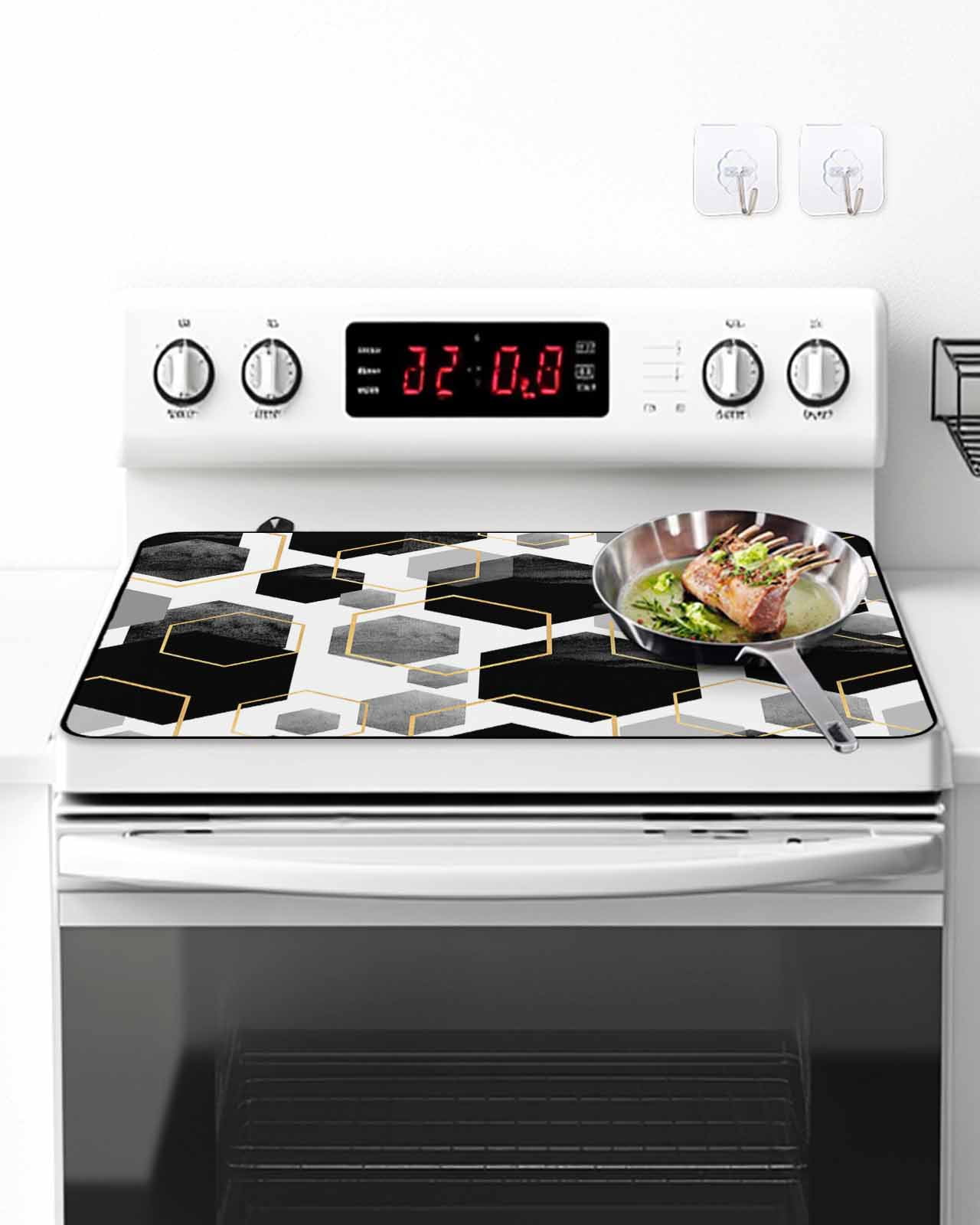 Stove Top Covers for Electric Stove, Black Grey Glass Stovetop Cover Protector, Geometric Gold White Hexagon Modern Induction Cooktop Protector Oven Mat for Kitchen Countertop 24"x21"
