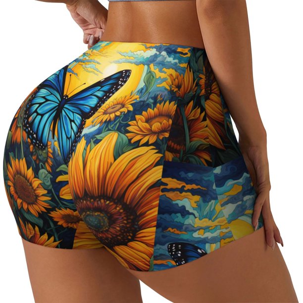 Fotbe Colorful Cloud Butterfly Sunflower Shorts Sin Costuras – Shorts Deportivos de Cintura Alta para Mujer, Elásticos para Gimnasio, Yoga, Running o Ciclismo-Medium