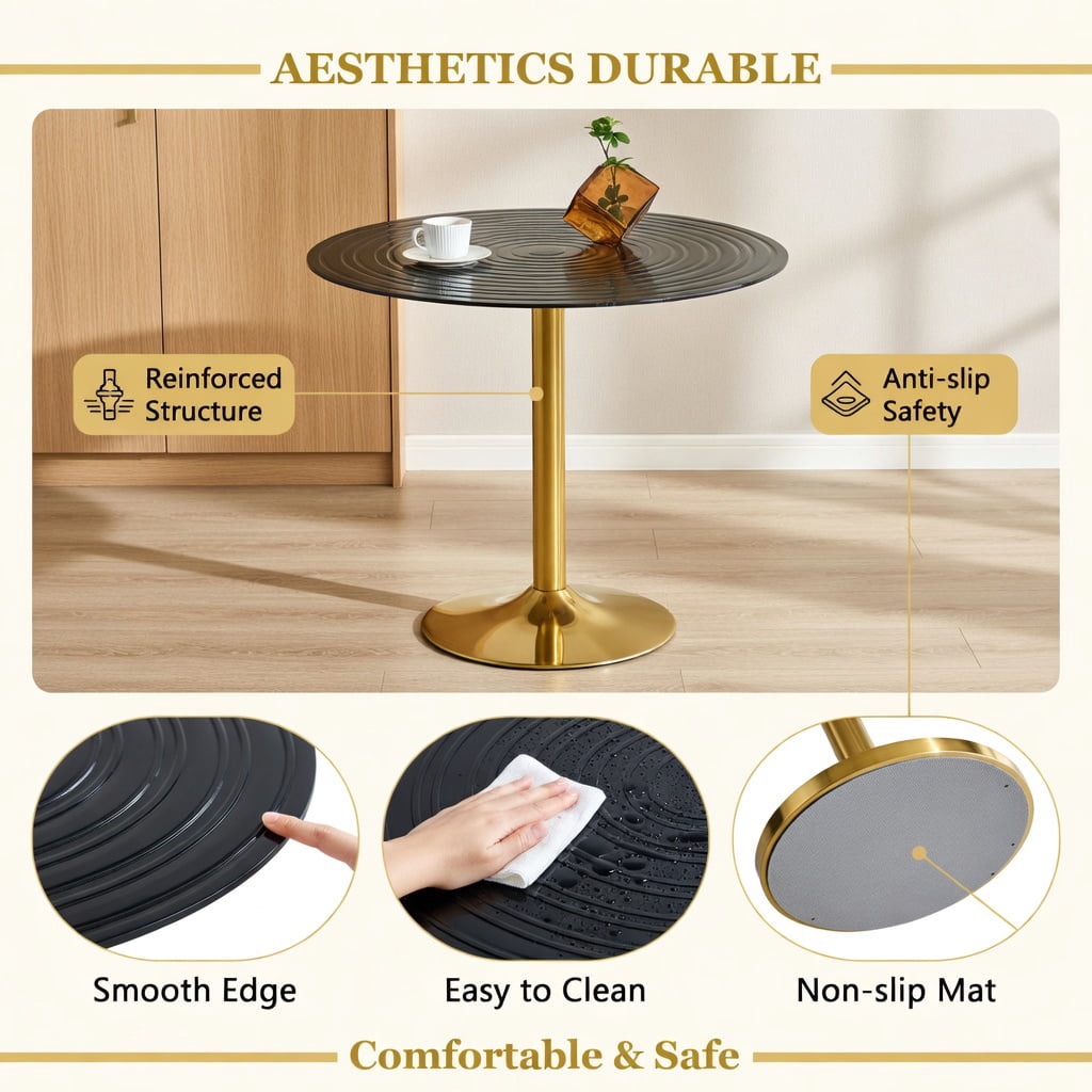 Hommoo 35 Inch Round Glass Dining Table with Metal Base, Light Luxury Brown Ring Top Coffee Table for Small Spaces (2-4 People), Gold