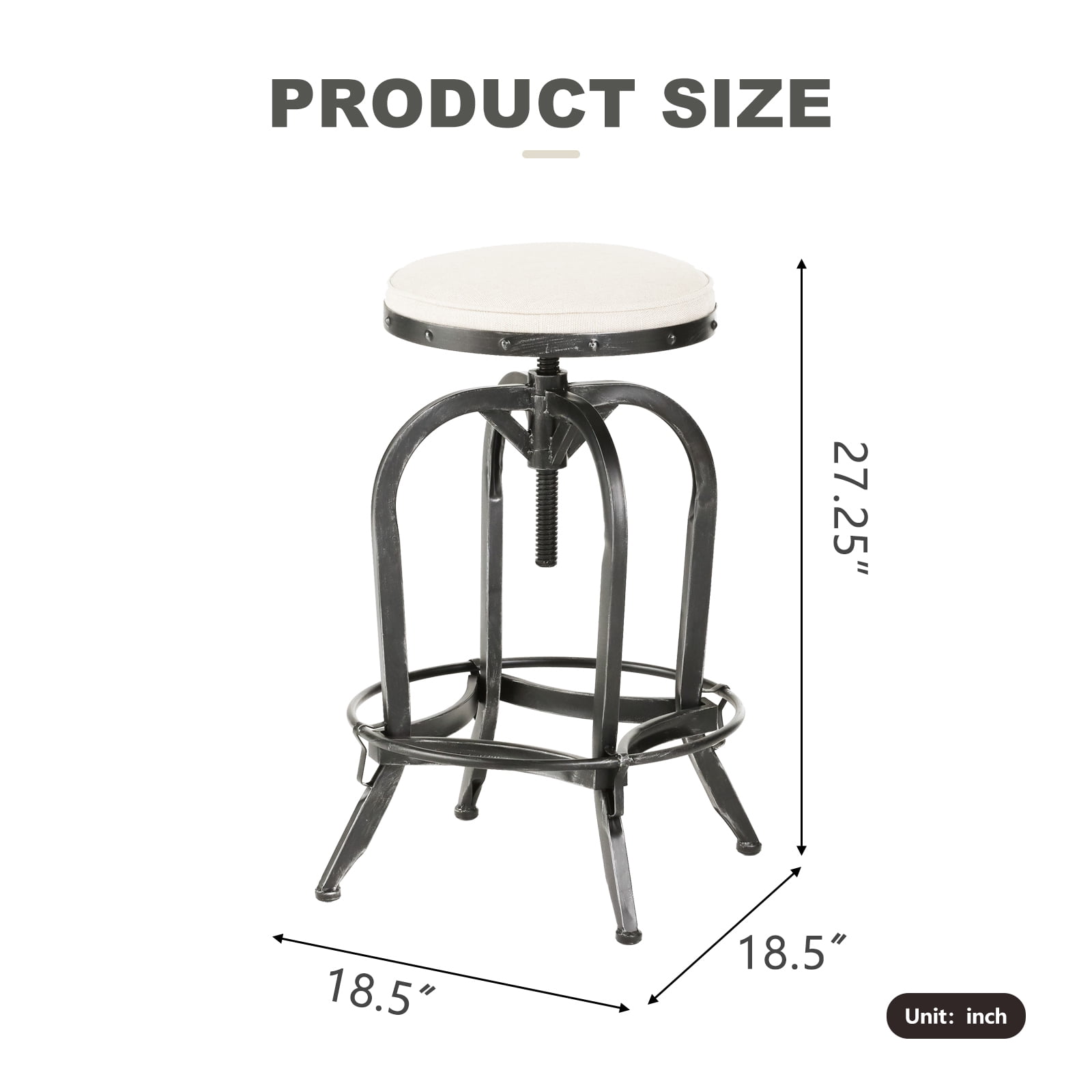 Kadyn Modern Industrial Barstool Set of 1, Adjustable Bar Counter Chairs with Iron, Swivel Backless Barstool for Kitchen, Off-white