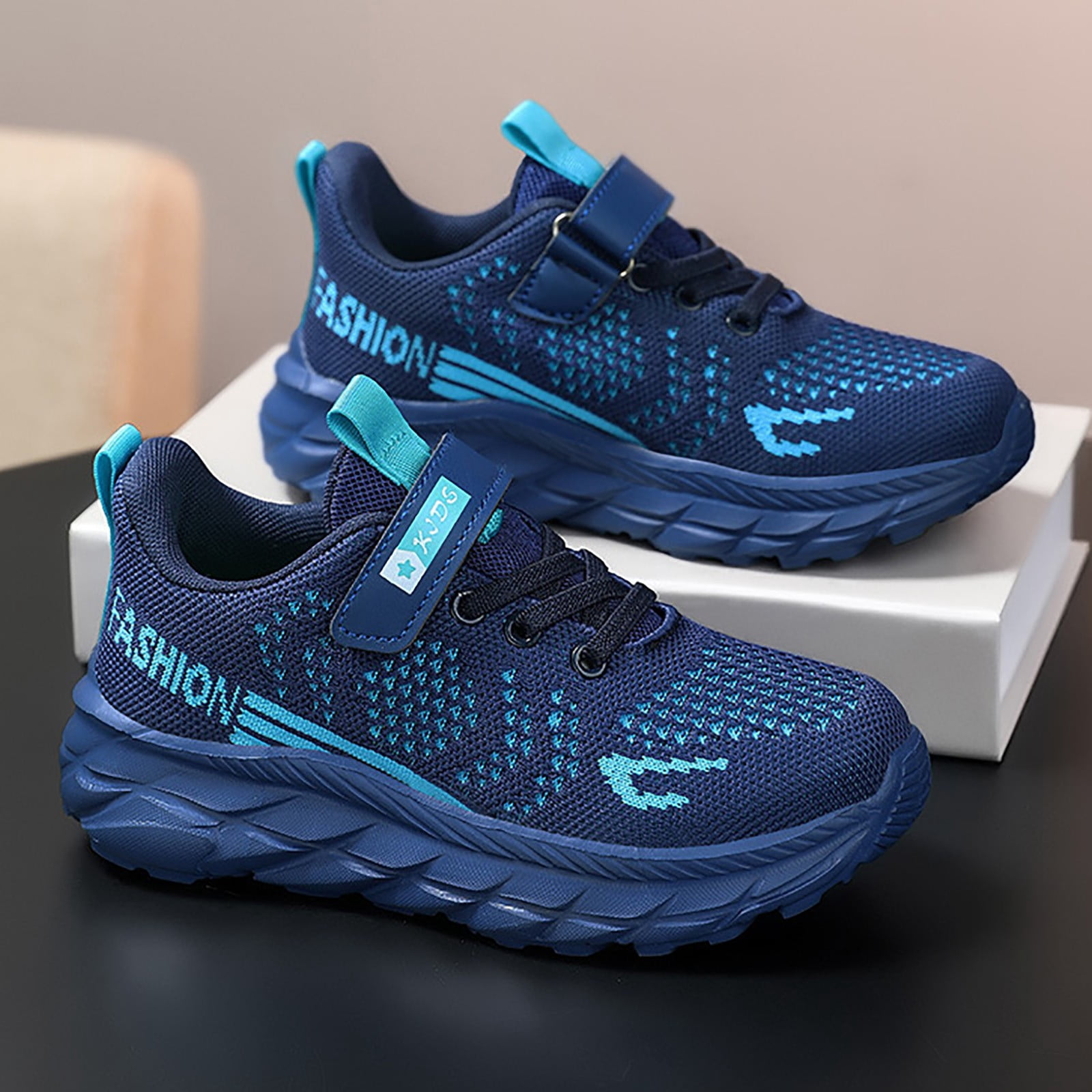 LIIPEE Boys Girls Sneakers Hook And Loop Strap Closed Toe Non- Mesh On Training Tennis Running Sports Shoes Child Breathable Outdoor Sneaker,Navy,11-12 Years