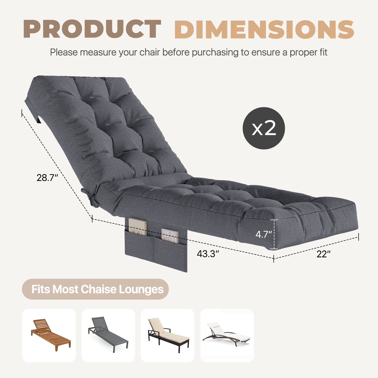 BaPiPro Gray 2-Pack Outdoor Chaise Lounge Cushion with Side Pocket, Triple Non-Slip Fixation, All-Weather Durable & Soft Fabric, Thickened Padding, Ideal for Patio and Poolside Use