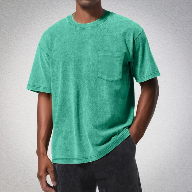 T-Shirt à Poche pour Homme en Coton Lavé Vintage, T-Shirt Rétro Décontracté à Manches Courtes Usé