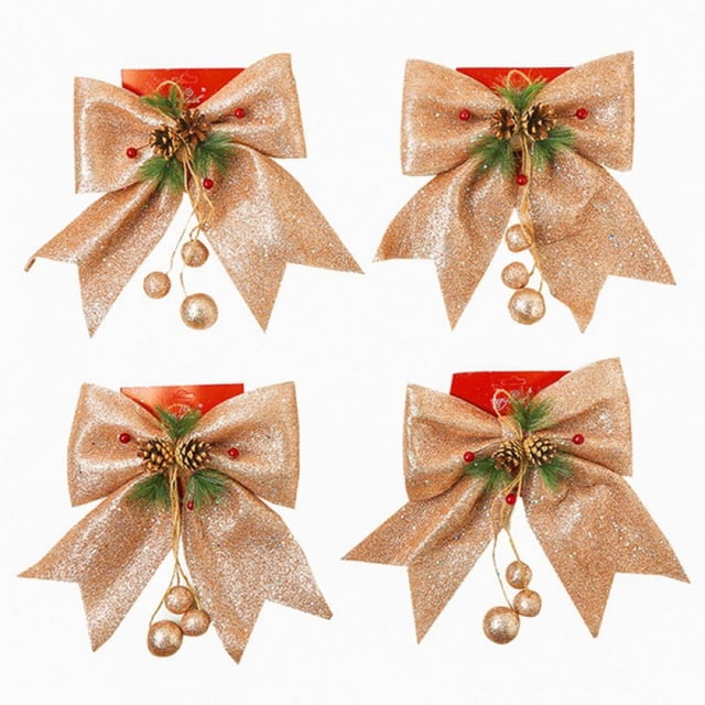 4 Pack Noeud Décoratif Arbre de Noël Paillettes Noeuds d'Arc Ornement avec des Arcs Rouges de Pomme de Pin pour Couronne Guirlande Treetopper Fête de Noël (Rouge)