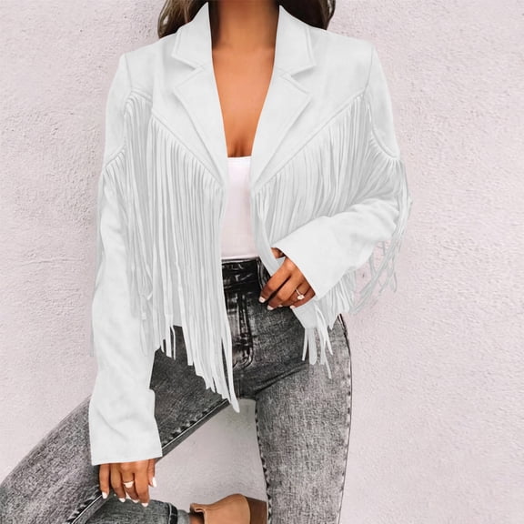 Vmvidoty Women's Suede Fringe Jacket Long Sleeve Slim Faux Leather Boyfriend Cropped Cardigan Coat Fall Fashion Lapel Moto Jackets with Tassles White S