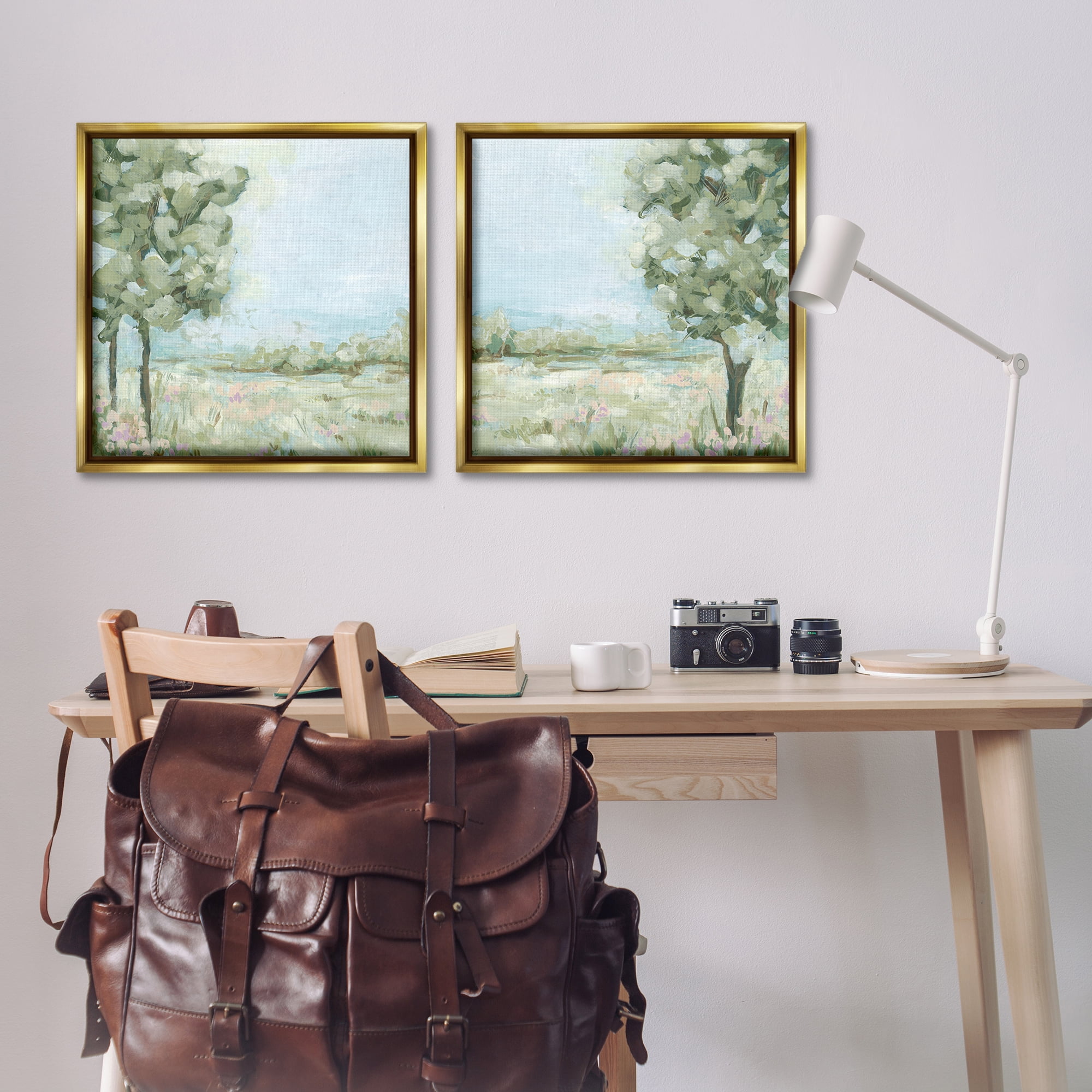 Stupell Industries Bright Spring Field Landscape Landscape & Nature Painting Gold Floater Framed Canvas Art Print Wall Art, 25 x 25, Set of 2