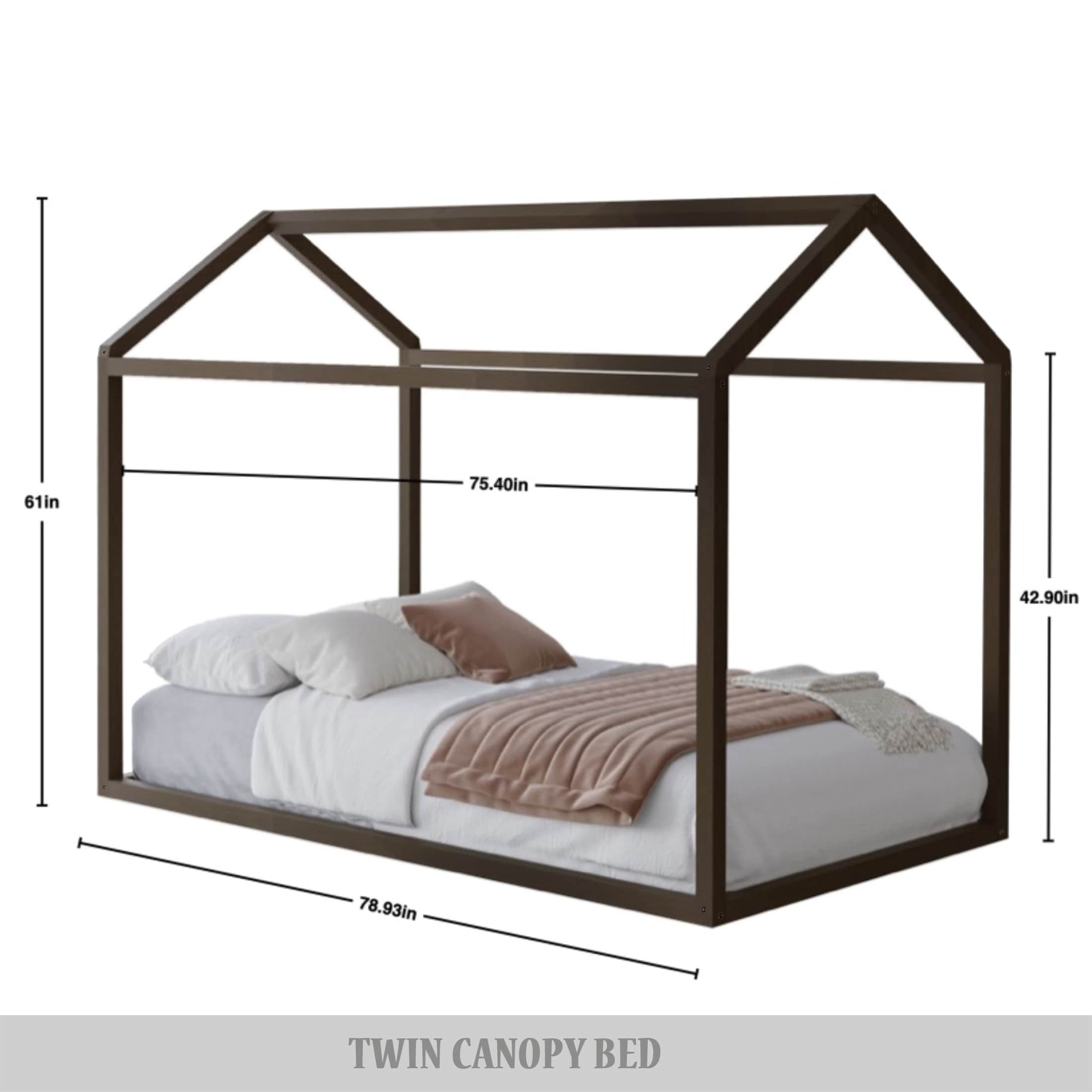 Castle Place Contemporary Wooden Canopy House Kid Twin Bed, Grey