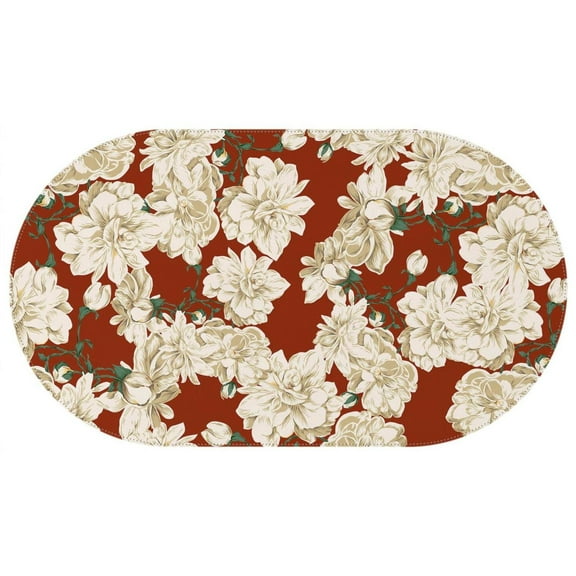 Oval Waterproof Tablecloth White Flowers on Red Reusable Indoor/Outdoor Durable Table Cover 60 Inch X 102 Inch