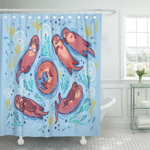 ABPHQTO Animales con lindas nutrias marrones y algas ornamentales y corales en agua azul Juego de cortinas de ducha de baño impermeables para bebés 165x180 cm ABPHQTO PKNMT66x72Shower-11403