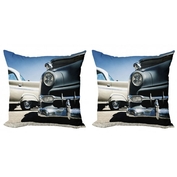 Ambesonne Vintage Car Throw Pillow Cover 2 Pack, Fifties Wheels Print, 16", Beige and Blue