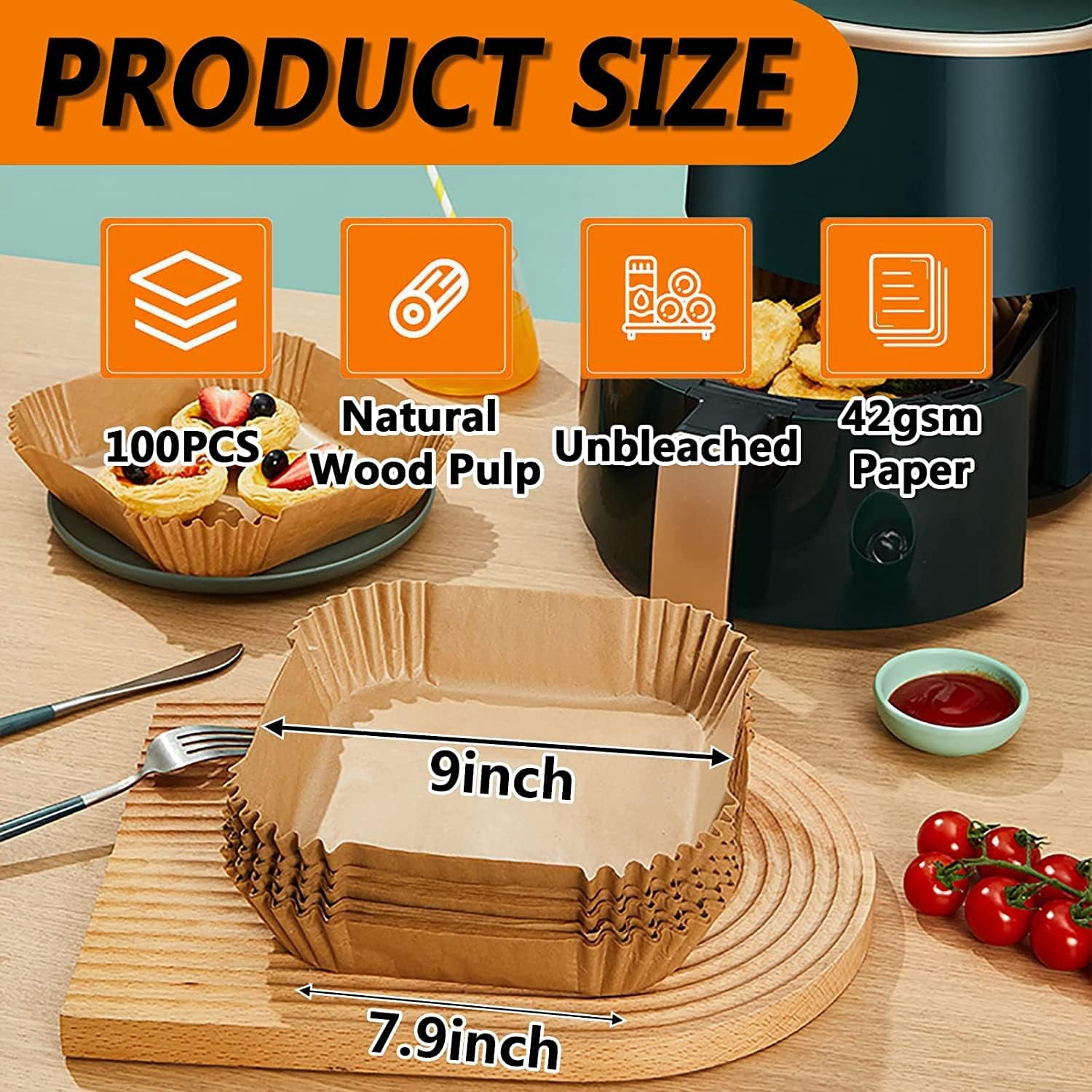 Air Fryer Disposable Paper Liners Square, 9 Inch Air Fryer Liner, Non-stick Parchment Paper Pads Oil Resistant, Waterproof, Food Grade Baking Paper for Roasting Microwave, 100PCS