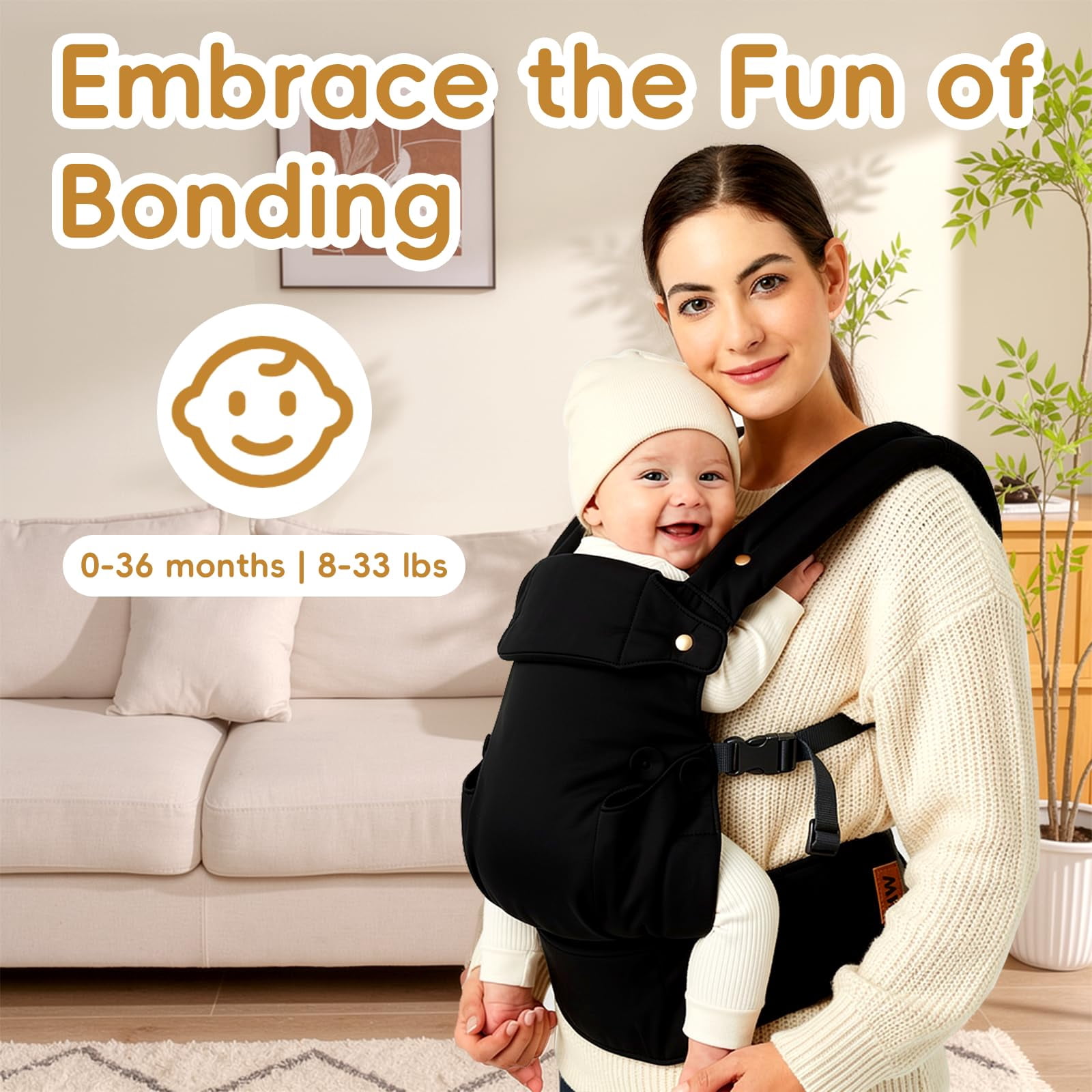 Baby Carrier for Newborn to Toddler-7-45 lbs 0-36 Months Versatile & Adjustable Linen Carrier with Front Pocket Headrest Support for Moms, Dads,Black