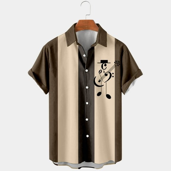 Aayomet Short Sleeve Button Up Shirts For Men Male Summer Hawaii Casual Loose Music Print Shirt Turn Down Collar Shirt Black,L