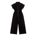 thumbnail image 5 of Women's Resort Jumpsuit, Casual Loose Wide Leg With Zip-Up Front & Stand Collar, Short Sleeve Vacation One-Piece With Belt Black L, 5 of 5