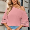 thumbnail image 2 of Women Summer Solid Color Loose Fitting Chiffon Blouse 3/4 Bell Sleeve Mesh Panel Shirt Cold Shoulder Metallic Buckle Top, 2 of 7