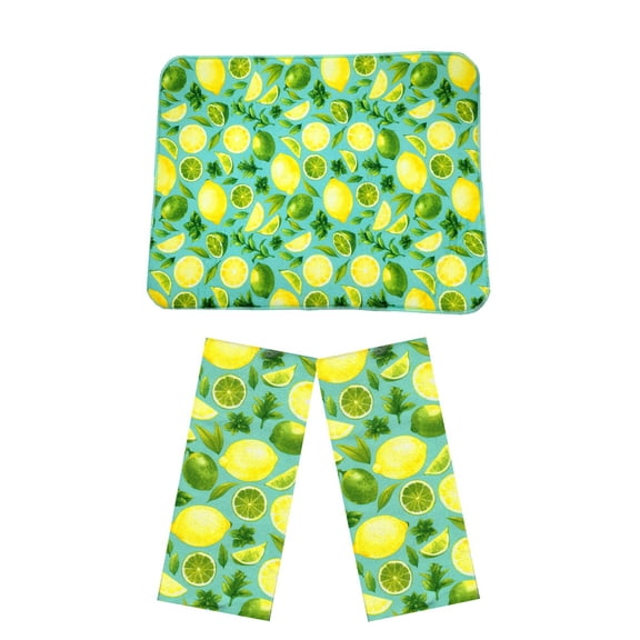 Decorative 3 Piece Kitchen Set, 2 Towels and Drying Mat, Lemon Design