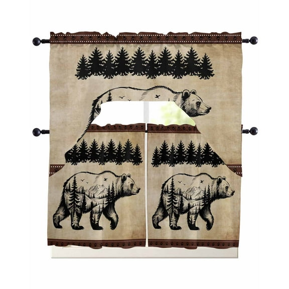 Brown Black Bear Kitchen Curtains Sets 36 Inch Length with Valance, Farmhouse Cabin Forest Vintage Swag Valances and Tiers Curtain Set Drapes Swag Curtains for Living Room, Bathroom, Bedroom, Cafe