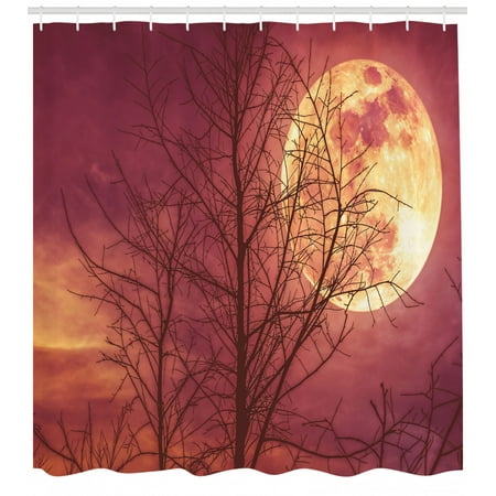 Dark Red Shower Curtain Night Sky Super Moon Behind Silhouette Of